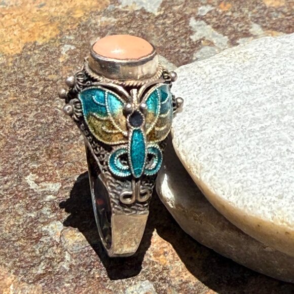 Vintage Sterling Silver Chinese Export Coral Cloisonné Ring 9 - Picture 2 of 10